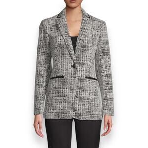 Karl Lagerfeld Paris Womens 0 Tweed Faux Leather Trim One-Button Blazer Black